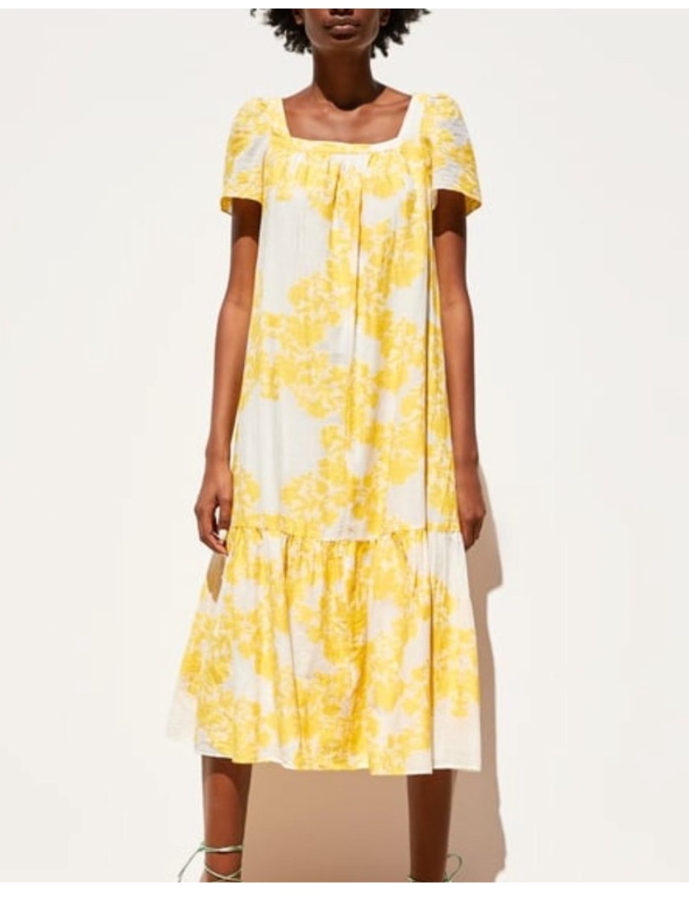 Zara White and Yellow Floral Puff-Sleeve Dress